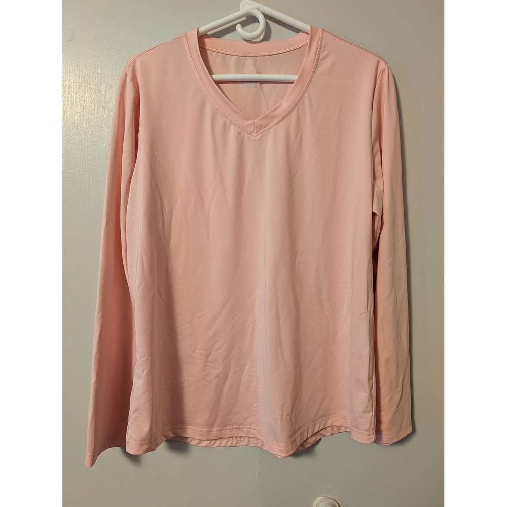 Womens Pink V-Neck Long Sleeve Activewear Workout Top XL Stretch Polyester